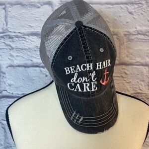 Beach Hair Don’t Care, trucker hat, with pink anchor, distressed cap mesh back